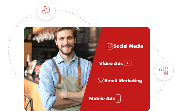 A restaurant owner smiling as he benefits from social media, video ads, email marketing and mobile ads.