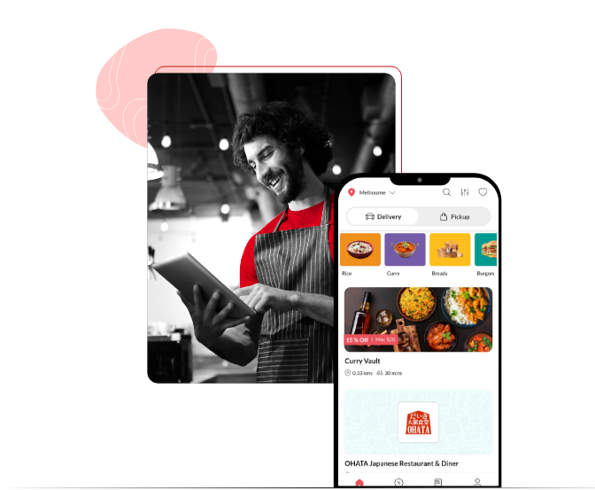 A happy restaurant and takeaway owner using the user-friendly features, services and promotions by listing on Foodhub for free.